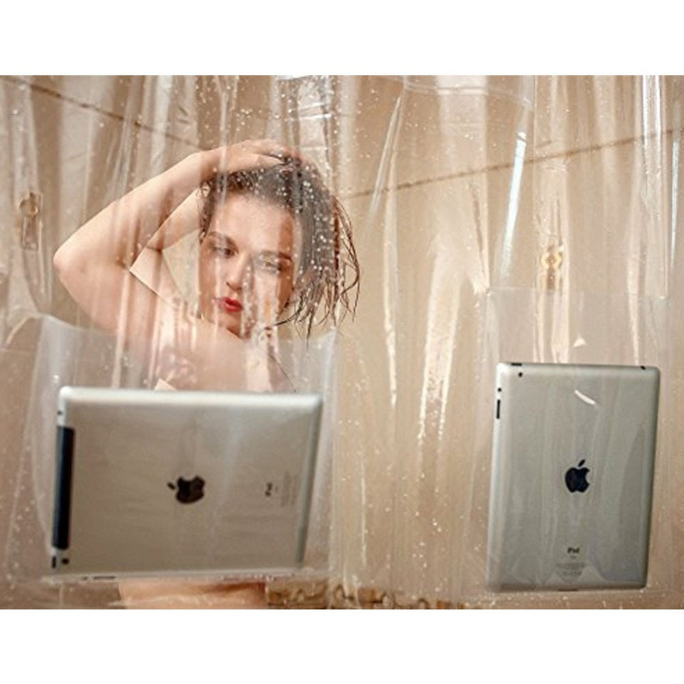 Clear Shower Curtain with Pockets for  And Touchscreen Devices - Crane Kick Brain